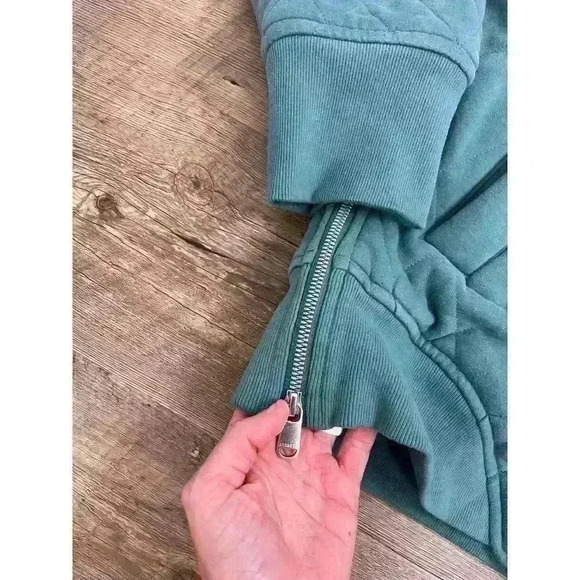 Athleta Retroplush Bomber Jacket Full Zip Women's L Tall Teal Quilted Cotton - Picture 5 of 12